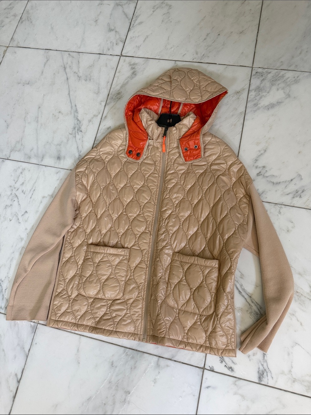 Dreamers Beige Quilted Hooded Jacket with Orange Lining
